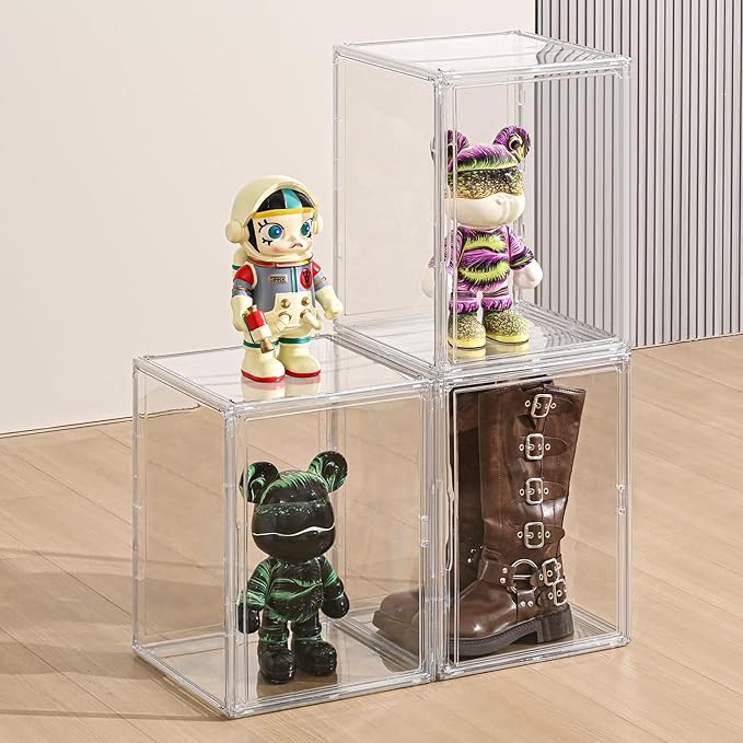 4 Pack XXX-Large Clear Display Case 17.7" x 13" x 13" Extra Large Display Organizer Box with Magnetic Door, Stackable Acrylic Storage Bin for Boots, Shoes, Collectibles, Bags, Figures