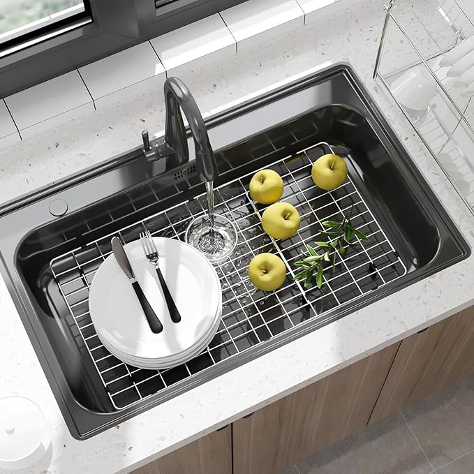 Stainless Steel Sink Protector 27-9/16" x 14-9/16" with Rear Drain, Metal Sink Rack for Bottom of Sink, Kitchen Sink Grate and Sink Protectors with Sink Strainer (27-9/16" x 14-9/16" - Rear Drain)