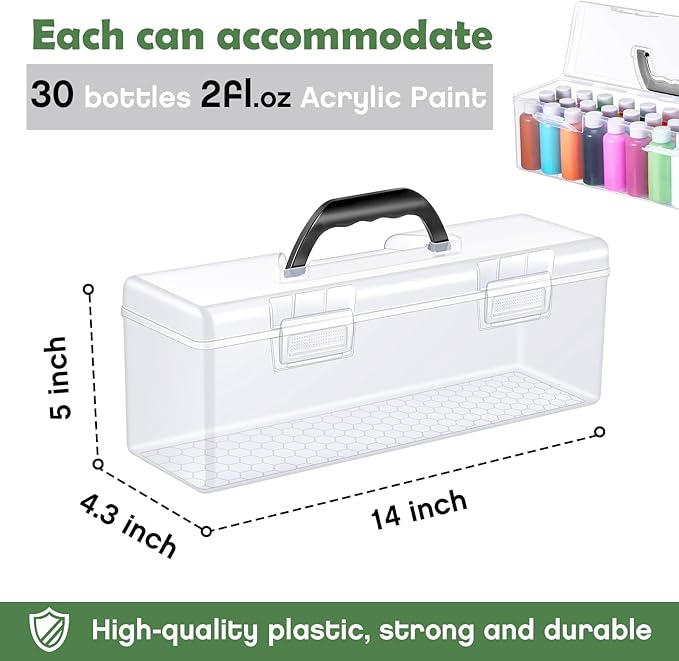 2 Pcs Paint Storage Box for 2 Fl. oz Acrylic Paints, Acrylic Portable Craft art Organizer with Handle, 30 Bottles Capacity Plastic Art Supply Clear Boxes