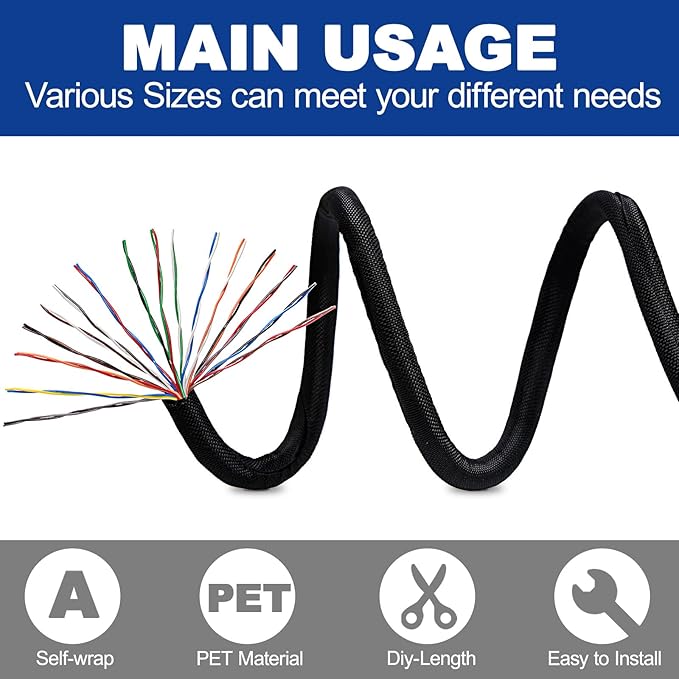 Split-Sleeve Wire Loom for High-Temperature Automotive Harness and Home Cable Management, 25ft - 1.5 inch Braided Cable Management Sleeve Cord Protector, Self-Wrapping Split Wire Loom