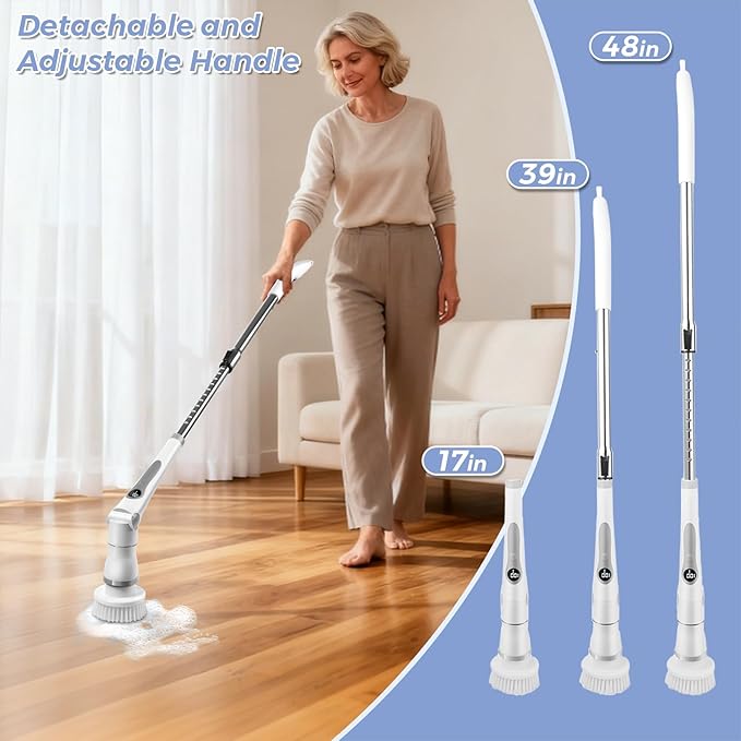 Joyzan Electric Spin Scrubber, Cordless Cleaning Shower Brush 8 Cleaner Heads LCD Display 3 Speeds Adjustable Extension Handle IPX7 Waterproof Bathroom Bathtub Glass Car Tub Tile Floor Wall Cleaning