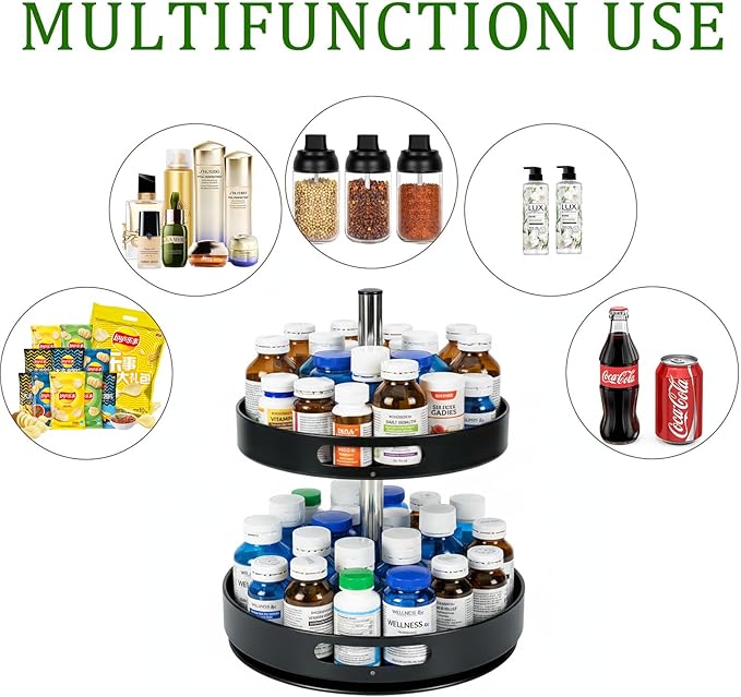 Pill Bottle Organizer,2 Tier Lazy Susan Organizer,360 Degrees Rotating Spice Rack Organizers for Cabinet,Turntable Organization and Storage for Medicine Cabinet Bottle Pantry Countertop, Black