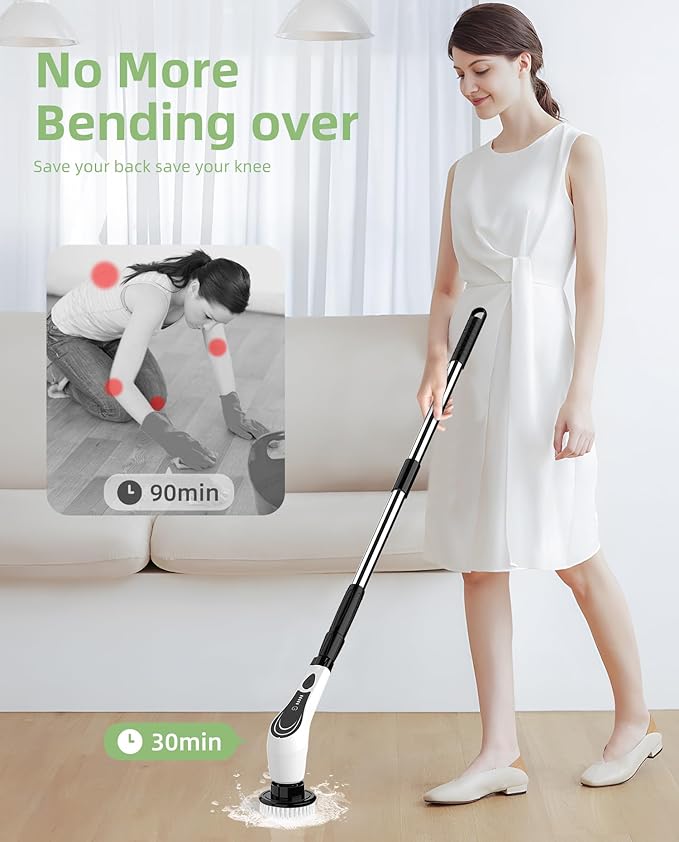 Electric Spin Scrubber, Cordless Power Scrubber with 8 Replaceable Brushs, 2-Speed Adjustable Handle Shower Scrubber, IPX7 Waterproof Cleaning Brush for Bathroom, Tile, Tub, Teens, White-qe1