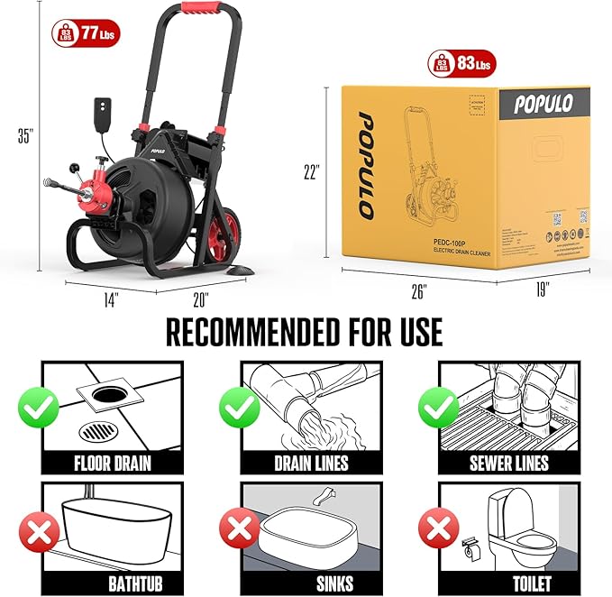 POPULO Drain Cleaner Machine 100Ft x 3/8 Inch, Auto feed Sewer Snake Auger on Wheels, Electric Drain Auger Professional for 1.5 to 3 Inch Pipes & Foot Switch with 8 Cutters