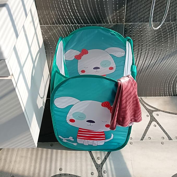 Cute Foldable Pop Up Hamper - Mesh Laundry Basket Durable Handles Toys Tidy Clothes Socks Storage Bag (Blue Elephant)