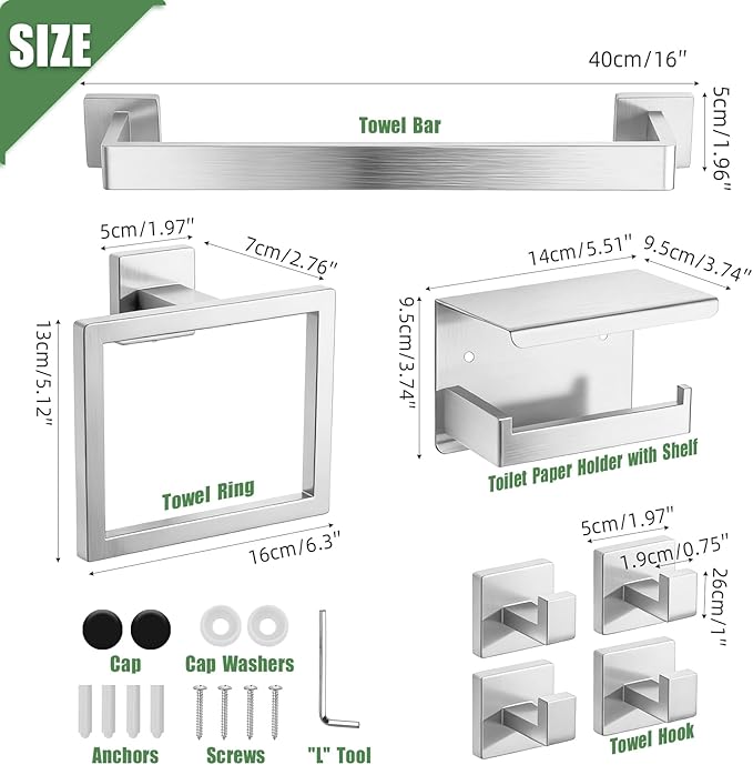 Brushed Nickel Bathroom Accessories Hardware Set, 7-Pieces Stainless Steel Towel Racks for Bathroom, 16 Inch Towel Bar, Towel Holders, Updated Toilet Paper Holder with Shelf Wall Mounted