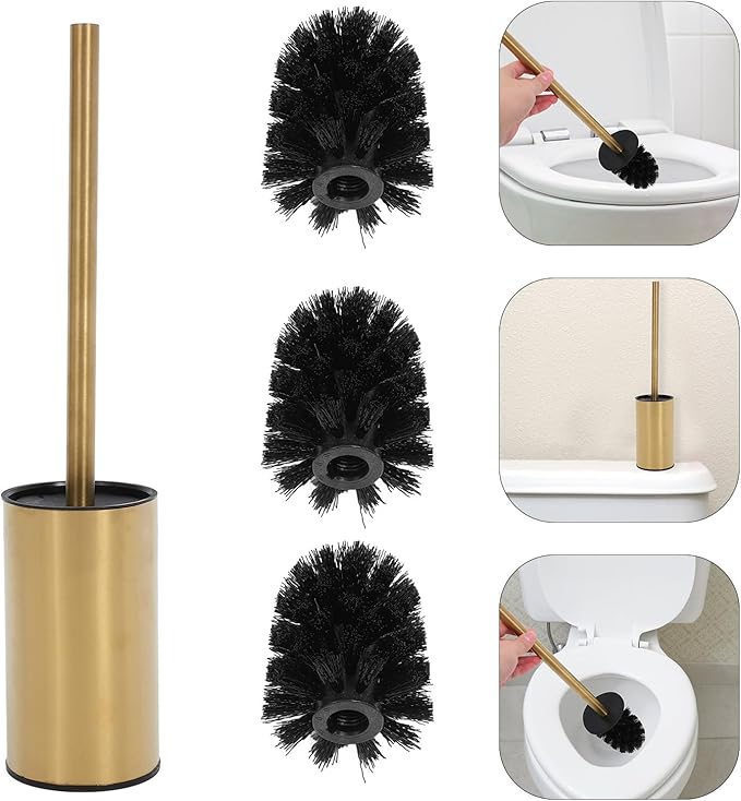 Toilet Brush and Holder Set 3pcs 304 Stainless Steel Brushed Gold Finish Bathroom Toilet Bowl Scrub Brush with Stand for Home Cleaning