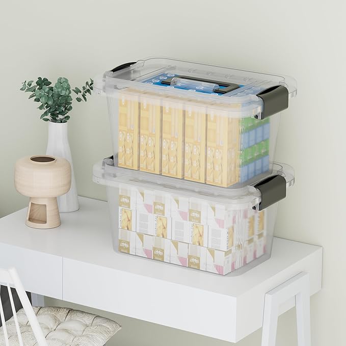 Lidded Storage Bin, Tote Organizing Container with Handle and Buckles, Stackable, Plastic, Clear, 6.8Qt, Pack of 12