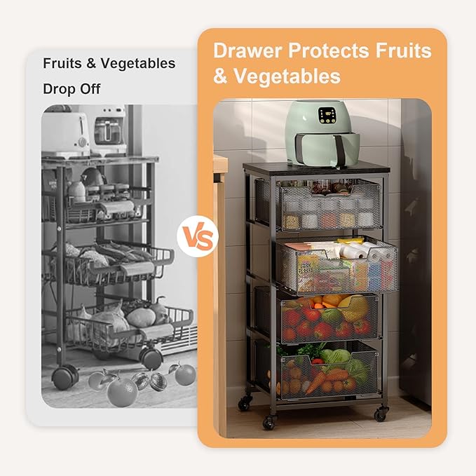 4-Tier Fruit Vegetable Storage Cart with Wheels, Wooden Top, Metal Wire Pull-Out Baskets for Kitchen Pantry, Cans and Snacks Organizer