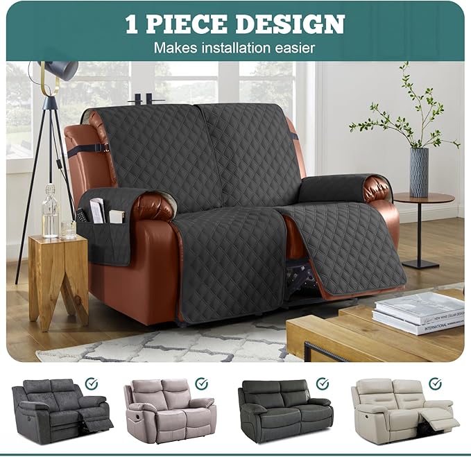 Ruaozz Waterproof Recliner Sofa Covers, 1-Piece Reclining Couch Covers Non-Slip Sofa Slipcover Washable Furniture Protector with Elastic Straps Pocket for Kids Pets (Charcoal Grey, 2 Seater)