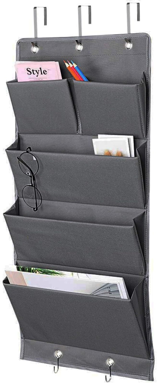 5 Pockets Over the Door Organizer and Storage Hanging with Hooks, Wall Mount Office Supplies File Folders Document Holder for Notebooks, Paper,Supplies, Closets, Families, Filing (Gray)