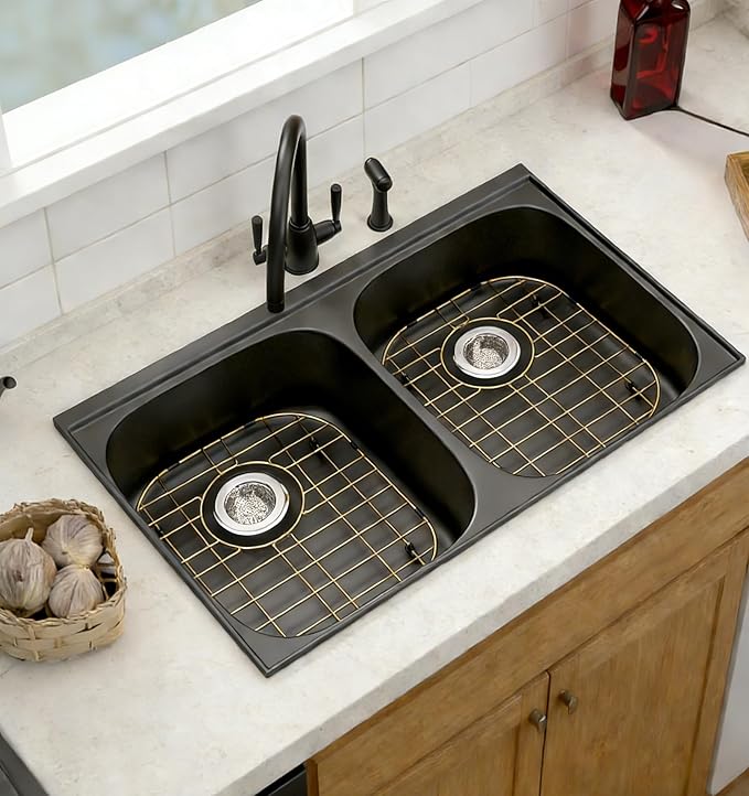 SANNO Gold Sink Protector Grid for Kitchen Sink, 14.57" L X 11.22" W Bottom Grid with Rear Drain Hole, Single Bowl Sink Rack, Stainless Steel 1 Pack