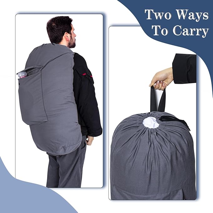 Sanlykate Canvas Backpack Laundry Bag - Extra Large Durable Dirty Clothes 2-3 Days Capacity with Adjustable Shoulder Strap & Front Pocket, for College Dorm, Apartment, Laundromats, Camping Travel