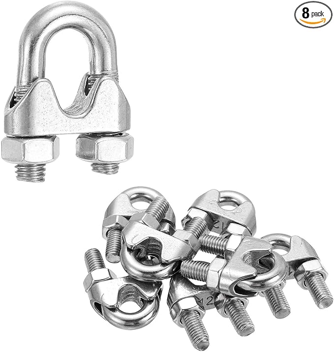 MECCANIXITY 8Pcs Wire Rope Cable Clip Clamps 1/2 Inch M12 Small 304 Stainless Steel U Bolt Saddle Fasteners Hardware for Secure Rigging Marine Guy Line Fence Clothesline, Silver