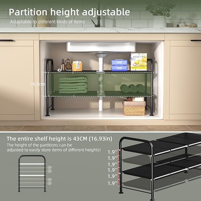 Under Sink Organizers and Storage — 2-Tier Bathroom Sink Cabinet Organizer with 8 Removable Carbon Steel Panels, Height Adjustable, (27.36–36.02)" W × 12.28" D × 16.93" H