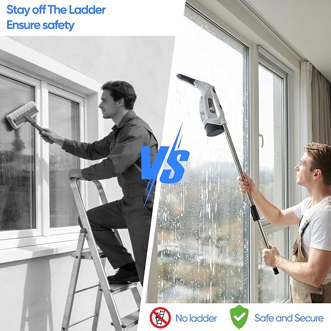 Window Vacuum Squeegee Cordless, 2000Pa Electric Window Cleaner Tool with Extension Pole Window Cleaning Kit 11" Shower Squeegee for High Windows, Shower Doors, Tile & Car Windshield