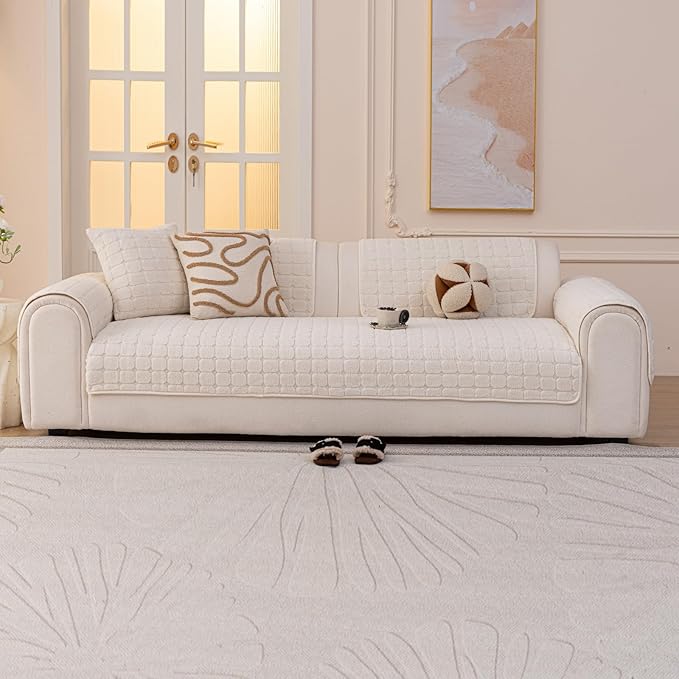 Velvet Sofa Covers Washable, Plush Warm Couch Cover for Sectional Sofa, Funny Fuzzy Couch Covers for Pets&Kids, Non-Slip Sectional Sofa Cover(1PC, Beige White, 35.4"×82.7", Large Sectional)