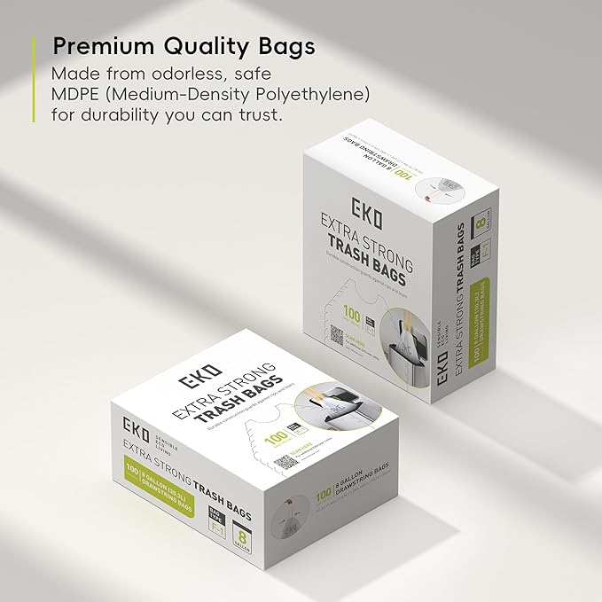 EKO 8 Gallon / 30.3 Liter,100 Count Drawstring Trash Bags, Extra-Strong Unscented Garbage Bags, Easy-Dispense Roll for Kitchen & Household Use, Resists Tears, Leaks and Punctures, Code F-1, White