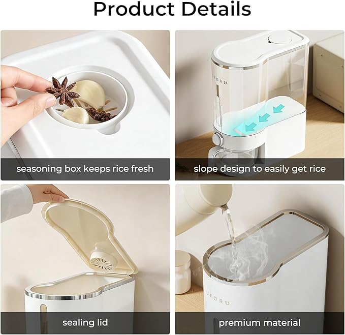 Rice Dispenser, Airtight Rice Storage Container with Measuring Cup for Kitchen Pantry, Cereal Dry Food Storage, Sealed Moisture Proof, White, 22 Lbs