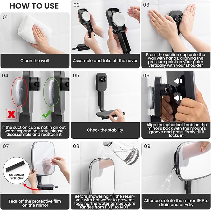 TAILI Fogless Mirror for Shower with Squeegee,Removable Fog Free Suction Mirror with Razor Holder for Shower Accessories,Bathroom, Adjustable,Shatterproof - for Men and Women-Black