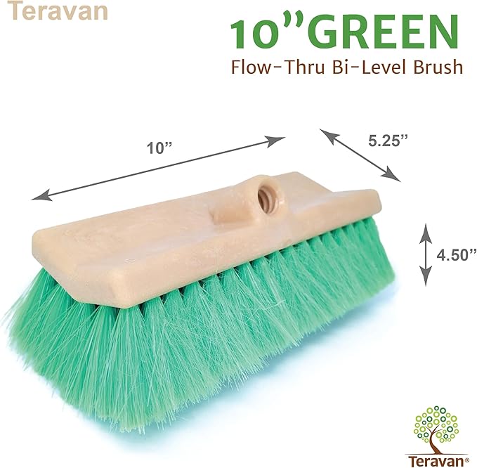 Teravan 10" Flow-Thru Bi-Level Wide Soft Bristle Scrub Brush-Car wash Brush-Suitable for Truck, RV, Van, Window, Deck, Solar Panel, and Patio Cleaning-Green