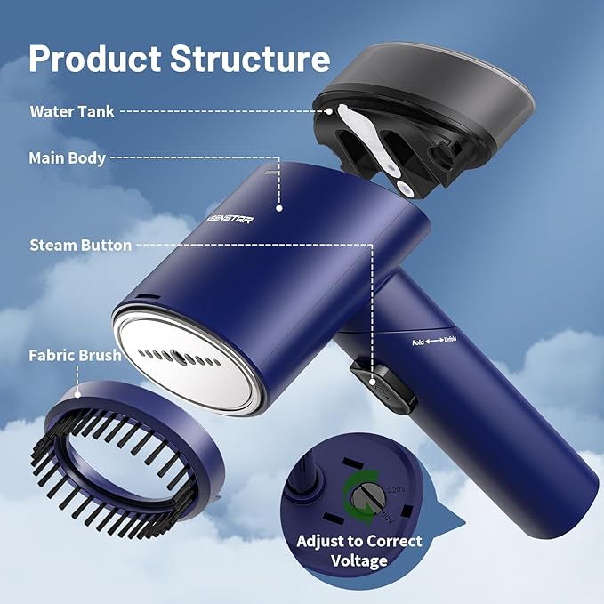 KEENSTAR Travel Steamer for Garments with Dual Voltage for Worldwide Use, 120V/220V Foldable Handheld Fabric Wrinkle Remover,15s Fast Heat-up, 1200W Horizontal & Vertical Steaming