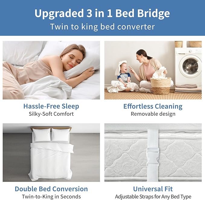 Upgrade 3-in-1 Bed Bridge, Twin to King Bed Converter with Sheet Strap Set, Split King Gap Filler, Removable