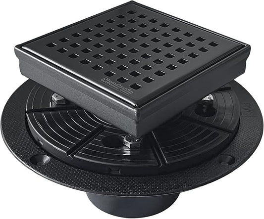Neodrain 4-in Square Shower Drain with PVC Base & Hair Strainer, Shiny Black