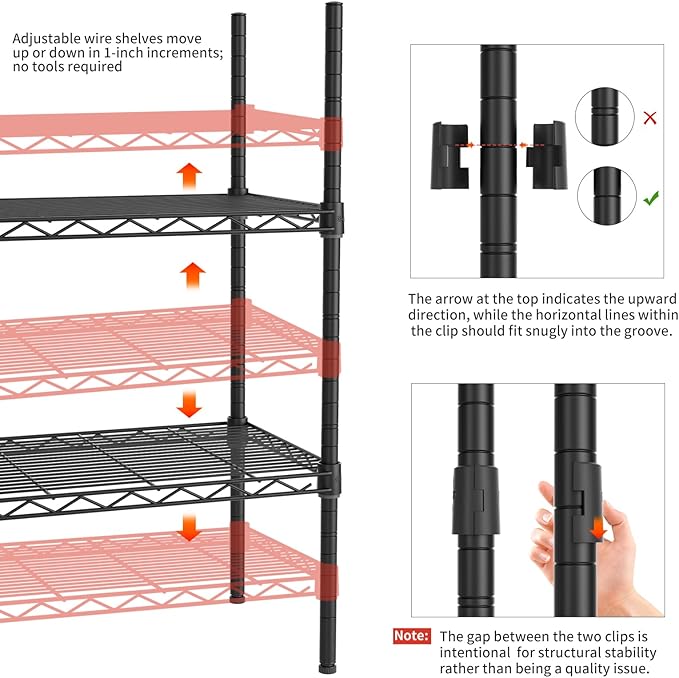 4 Tier Adjustable Storage Shelves,Heavy Duty Metal Utility Shelf 600LBS Capacity,Wire Shelving Unit Organizer Rack for Home Kitchen Office BathroomM Pantry Room 12" D x 22" W x 44" H Black
