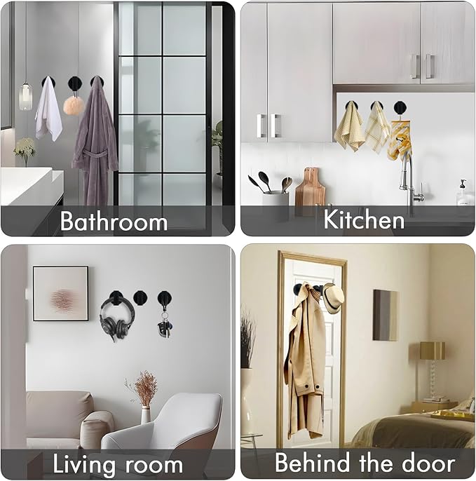 Suction Cup Shower Towel Hooks, Wall Mount Robe Holder, Heavy Duty No Drill Wall SUS304 Waterproof Stainless Steel Hooks for Bedroom, Bathroom, Kitchen, Hotel and Office (2*Matte Black)