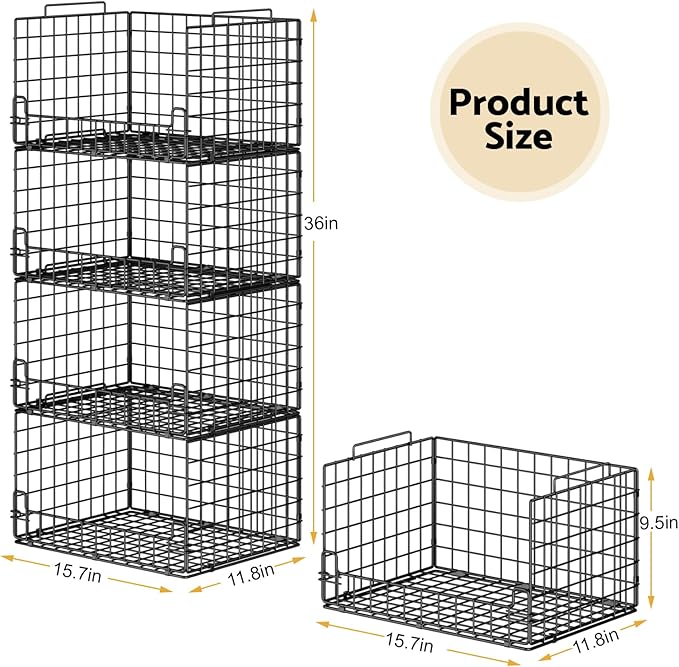 4 Tier Stackable Closet Organizers and Storage Basket - Sturdy Metal Foldable Storage Bin for Sweaters, Jeans and Clothes, Space-Saving Shelf Organizer System for Wardrobe, Black