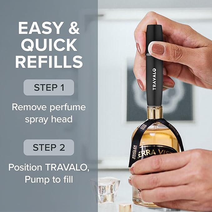 Travalo Lux Perfume Atomizer Gift Set Black & Silver - 2 Pc Leak-Proof, Airtight, Easy to Fill Mini Spray Bottles - Travel Size Perfume Refill Bottle with Polished Metal Alloy Outer Shell