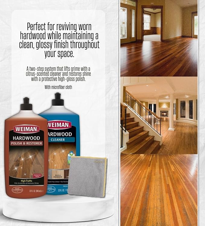 Weiman High Traffic High Gloss Hardwood Floor Polish & Restorer 32 oz & Weiman Professional Citrus Scent Hardwood Cleaner 32 oz Bundle with Microfiber Cloth – Floor Care and Shine – Gift Set (3 Items)