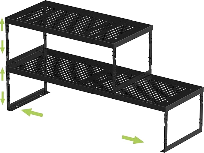 Adjustable Stackable Metal Storage Shelf Organizer - Expandable Wire Rack with Perforations for Kitchen, Pantry, Bathroom, Cabinet & Office-Compact, Durable & Sturdy (2PACKS/Medium/Black)
