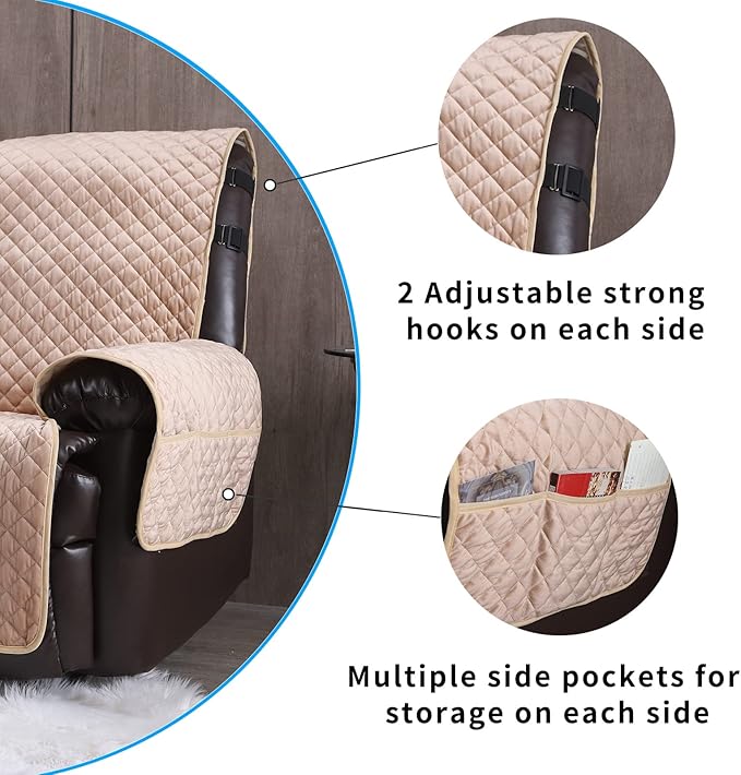 Velvet Recliner Covers Non Slip Waterproof Large Recliner Chair Covers for Leather Chairs Reversible Recliner Sofa Cover for Living Room Recliner Furniture Protectors Covers for Dog Pets Beige 28"