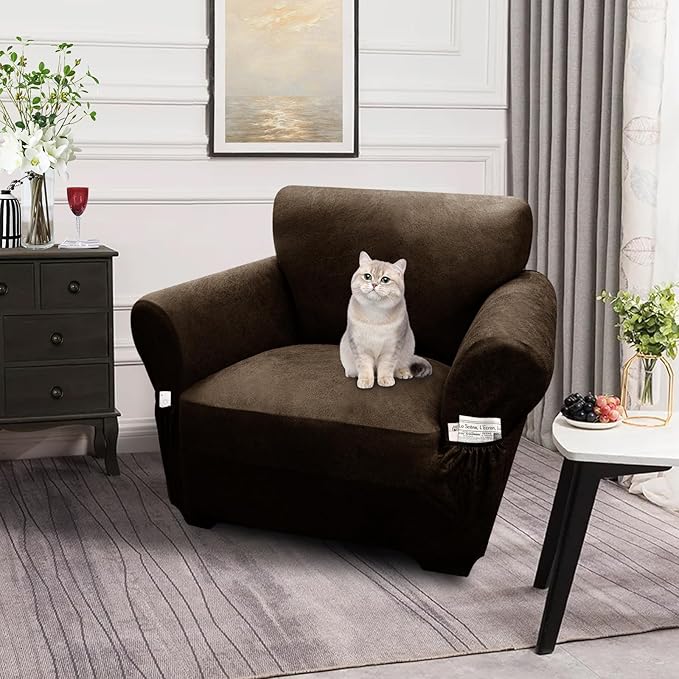 Single Sofa Cover Leather Look Chair Covers for Living Room 1-Piece Sofa Chair Covers with Arms Stretch Furniture Protector with Elastic Bottom & Pockets(Armchair, Coffee)