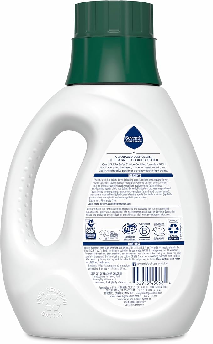 Seventh Generation Liquid Laundry Detergent, Free & Clear, 30 Loads, USDA Certified 97% Biobased, 45 Fl Oz