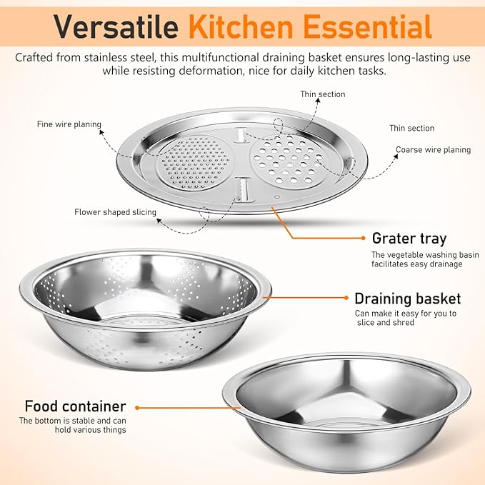 PRETYZOOM Multifunctional Draining Basket Kitchen Colander for Vegetable Fruit Salad Stainless Steel Basin Strainer