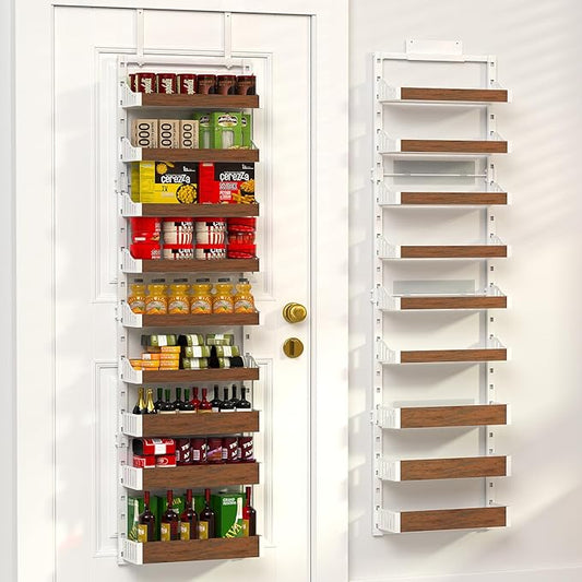 Over the Door Pantry Organizer: Pantry Organization and Storage with Hanging Basket - 9-Tier Metal Spice Rack Adjustable Shelves for Kitchen Bedroom Bathroom & Laundry Room White