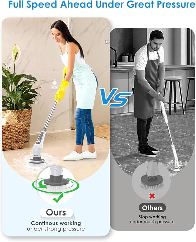 Electric Spin Scrubber, 10 in 1 Airpher Cordless Cleaning Brush IPX8 with 9 Replaceable Brush Heads and 4 Tier Removable Handle, Power Shower Scrubber for Bathroom, Tub, Tile, Floor, Kitchen, Window