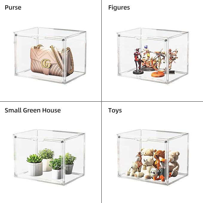 Clear Acrylic Display Case, Large Stackable Storage Bins Magnetic Attraction Lids, 5 Pack Acrylic Box Showcase for Collectibles, Figures, Cosmetic, Purse, Handbag, Wallet, 10.7x8.6x14.2 inch