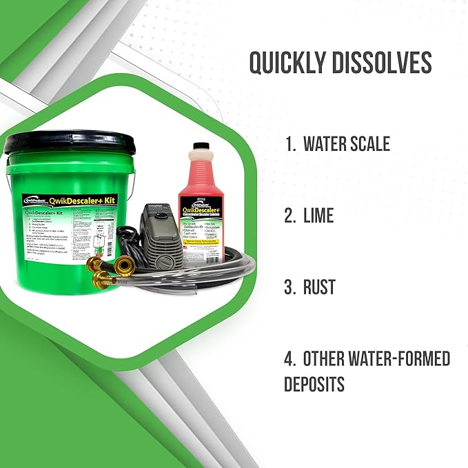 QwikDescaler + Concentrated Descaler Solution, Tankless Water Heater Descaling Solvent for Heat Exchanger, Quickly Dissolves Scale, Lime, Tarnish and Deposits, 1 Quart