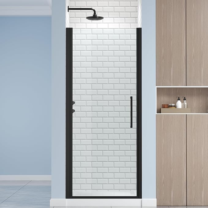 Frameless Pivot Shower Door 32.8-34" W X 72" H, 1/4" (6mm) Clear SGCC Tempered Glass, Hinged Pivot Swing Shower Door, Reversible Installation, Easy to Clean, Matte Black