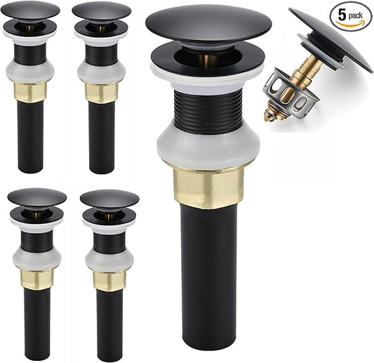Bathroom Sink Drain,5 Pack Drain Stopper Bathroom Sink Without Overflow,Pop Up Drain Assembly with Detachable Strainer Basket,Built-in Anti-Clogging Strainer,Stainless Steel Mattle Black