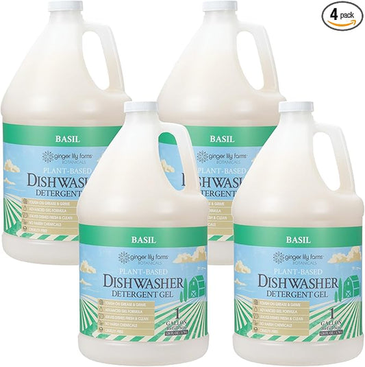 Ginger Lily Farms Botanicals Plant-Based Dishwasher Detergent Gel, 100% Vegan & Cruelty-Free, Basil Scent, 1 Gallon Refill (Pack of 4)
