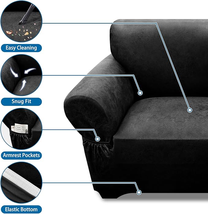 Loveseat Sofa Slipcover Leather Look Couch Covers for 2 Seater Couch Sofa 1-Piece Sofa Cover Stretch Furniture Protector with Elastic Bottom & Pockets(Loveseat, Black)