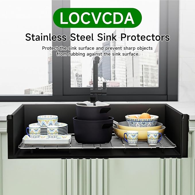 Stainless Steel Sink Protector 26-1/8" x 14-1/8" with Rear Drain, Metal Sink Rack for Bottom of Sink, Kitchen Sink Grate and Sink Protectors with Sink Strainer (26-1/8" x 14-1/8" - Rear Drain)