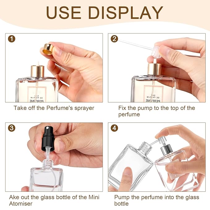 Domensi 30 Pcs 30 ml Glass Perfume Bottles Mini Glass Empty Spray Atomizer Bottles Bulk Refillable Small Perfume Dispenser Container with Pump Tool for Travel Plants Hair Cleaning Skin Care(Black)