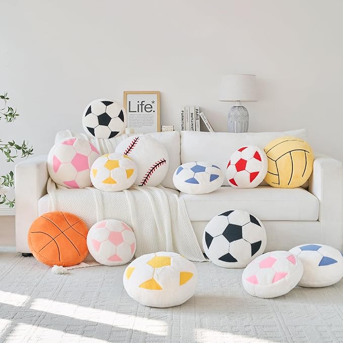 Soccer Pillow,12" Soccer Shaped Pillow Floor Cushion Seating Cushion with Faux Rabbit Fur,Round Soccer Throw Pillow Room Décor for Sofa Couch Living Room (Yellow)