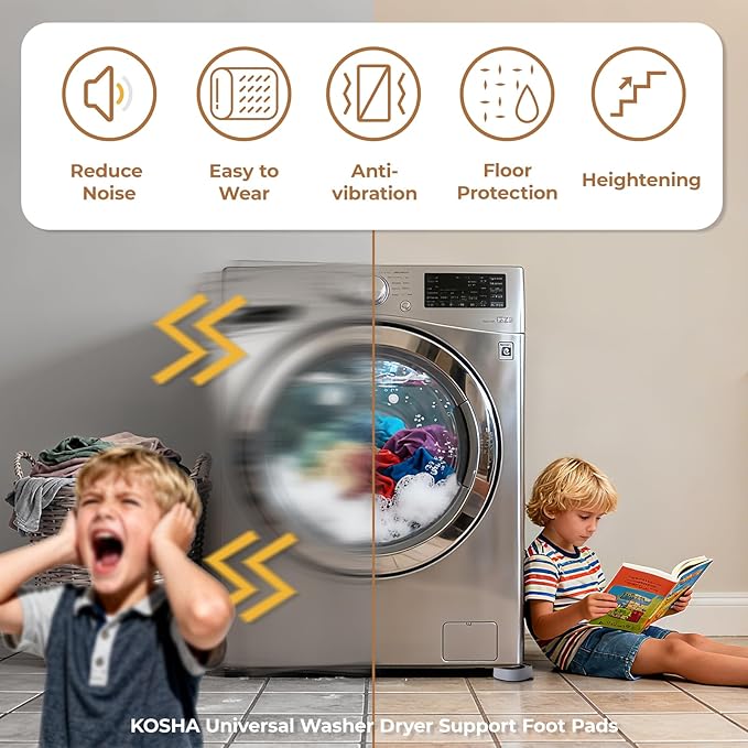 KOSHA Anti Vibration Pads for Washing Machine, 4 Pack Universal Washer Dryer Support Foot Pads, Non-Slip Rubber Feet Stabilizer with Noise Reduction, Floor Protection, Stop Shaking